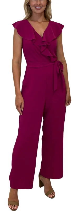 Reduced Prices Ruffle Wrap Jumpsuit With Sash In Fuschia