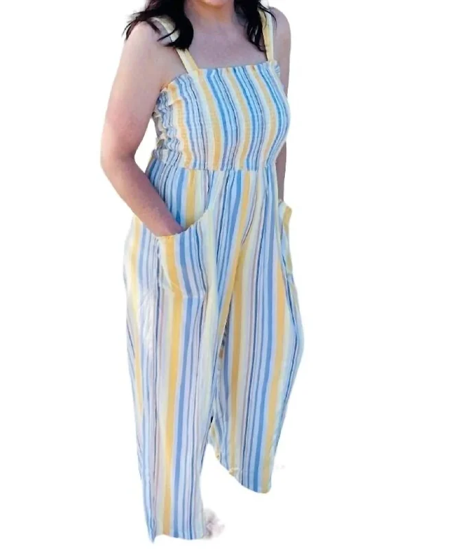 Price Slash Smocked Jumpsuit In Yellow And Blue Stripes