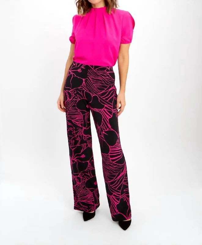 Overstock Sale Abstract Print Pants In Black/fuchsia