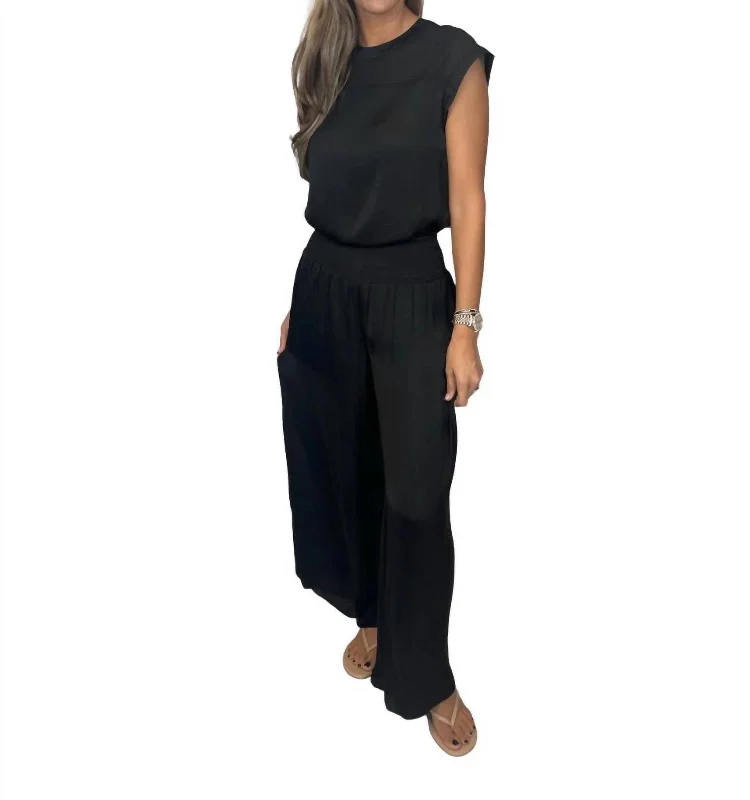 Mega Sale Smocked Waist Satin Wide Leg Pants In Black