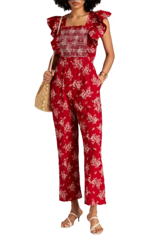 Super Bargain Alessia Print Smocked Jumpsuit In Red