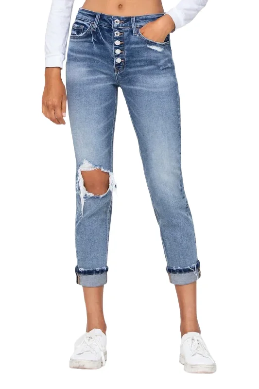 Extra Savings High Rise Cuffed Boyfriend Jean In Medium Indigo Wash