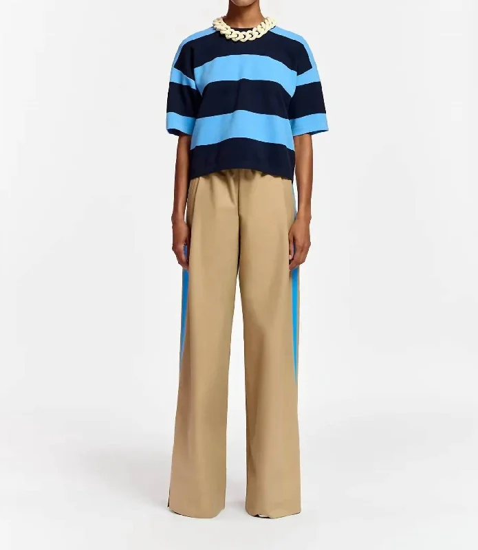 Crazy Savings Beigh Wide-Leg Pants With Blue Stripe In Khaki And Blue