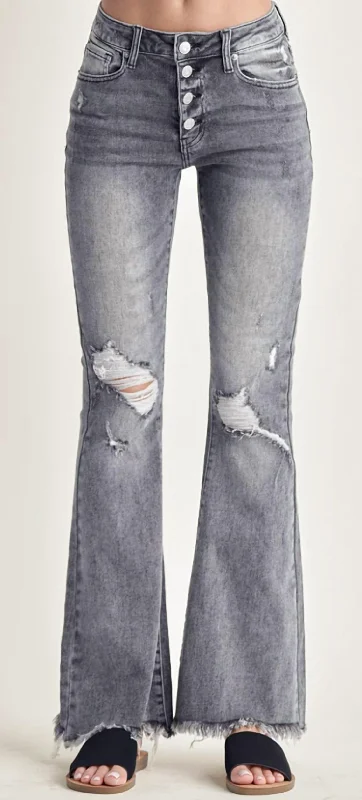 New Arrival Mid Rise Button Flare Jeans In Grey