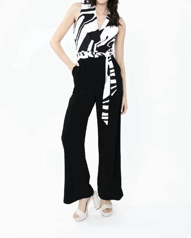 Act Fast Belted Wrap V Neck Jumpsuit In Black/off White