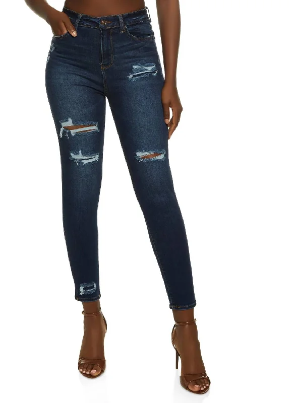 Deep Discounts Skinny Distressed Jeans In Dark Wash