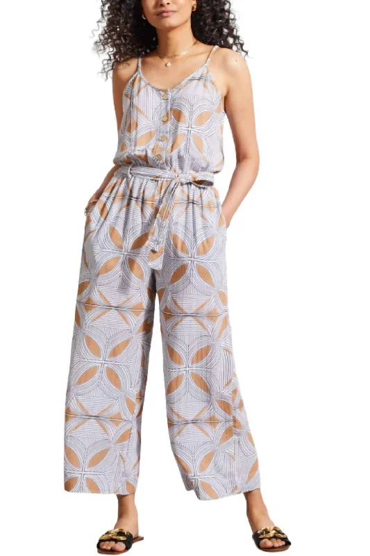 Price Cut Button Front Jumpsuit In Carmel Color/print