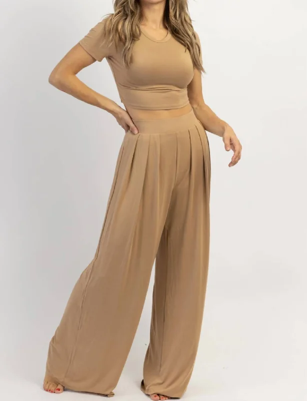 Final Clearance Butter Soft Palazzo Pants Top Set In Toffee