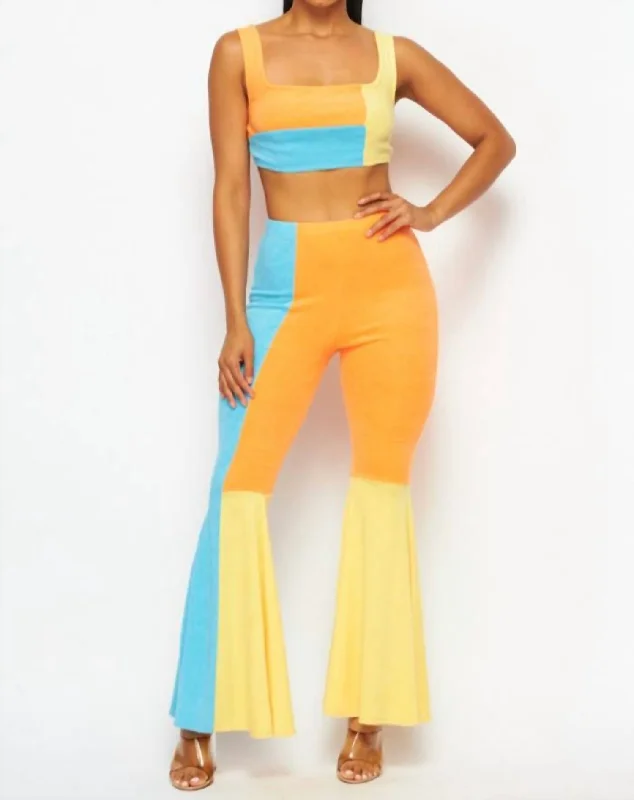 Weekend Deal Bright Idea Terry Cloth Crop Top And Pant Set In Orange, Blue, Yellow