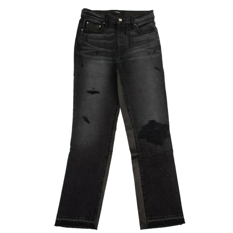 Super Sale Women's Black Leather Hybrid Cropped Jeans