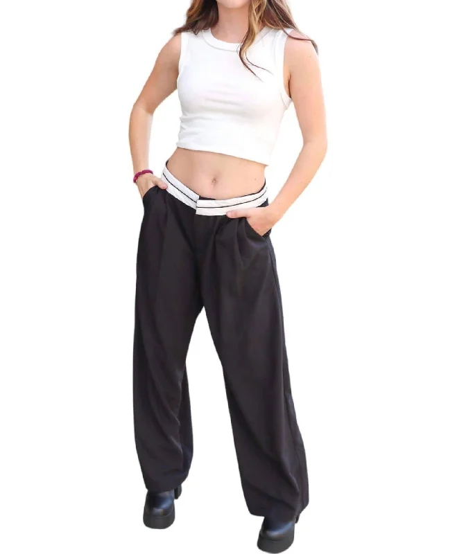 Special Offer Contrast Foldover Waist Pants In Black