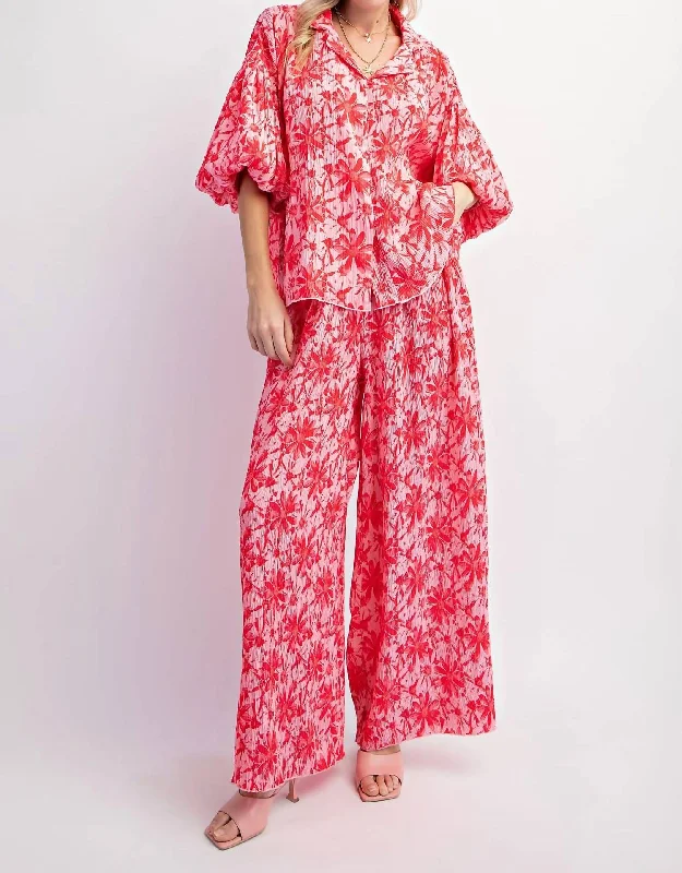 Overstock Sale Crinkled Wide Leg Pants In Hot Pink & Red
