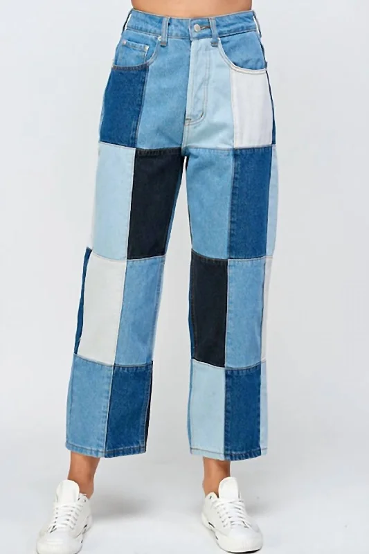 Bonus Offer Patchwork Straight Jeans In Mixed Blue Denim