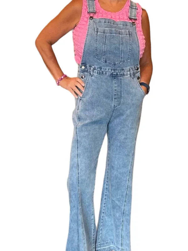 Weekend Shopping Made Better Denim Bell Bottom Overalls In Light Denim