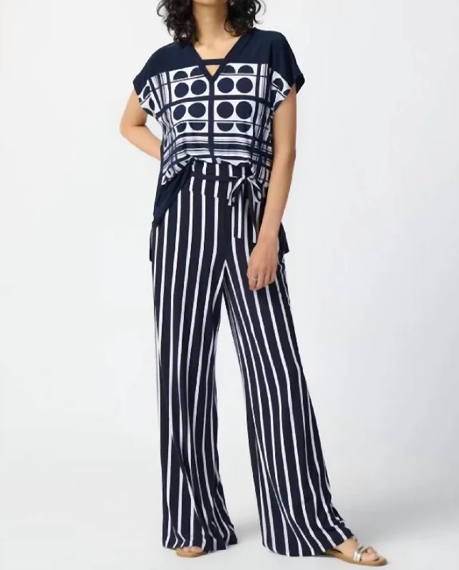 Deal Zone Striped Silky Knit Wide-Leg Pants In Midnight Blue/vanilla