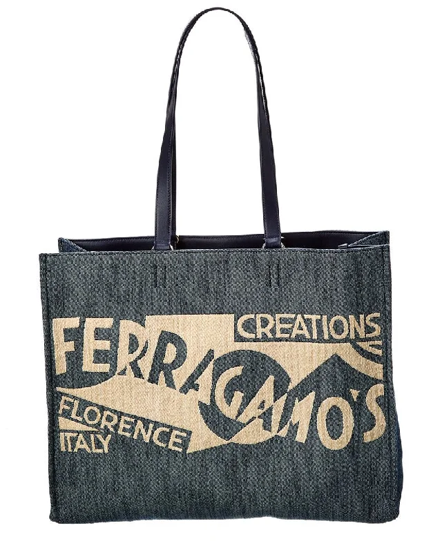 Sale Event Ferragamo Logo Large Denim & Leather Tote