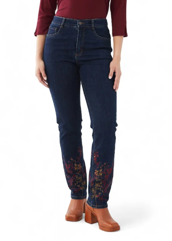 Price Slash Suzanne Straight Leg Jean In Dark Rinse Embroidered
