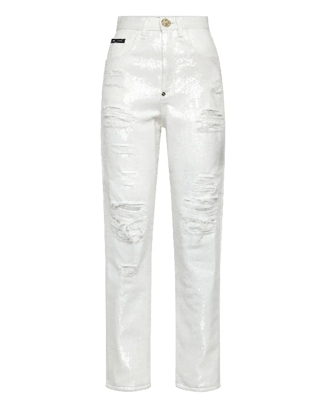 Weekend Deals to Make You Happy Denim Trousers Mom fit with Crystals