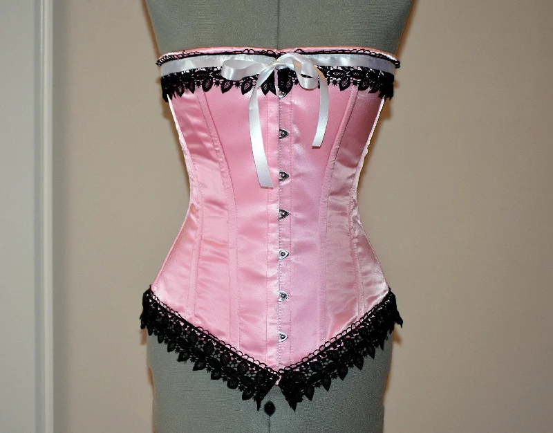 Lowest Price Historic pink satin overbust authentic corset with black lace. Steel-boned corset for tightlacing. Prom, gothic, steampunk Victorian corset. Lowest Price Historic pink satin overbust authentic corset with black lace. Steel-boned corset for tightlacing. Prom, gothic, steampunk Victorian corset.
