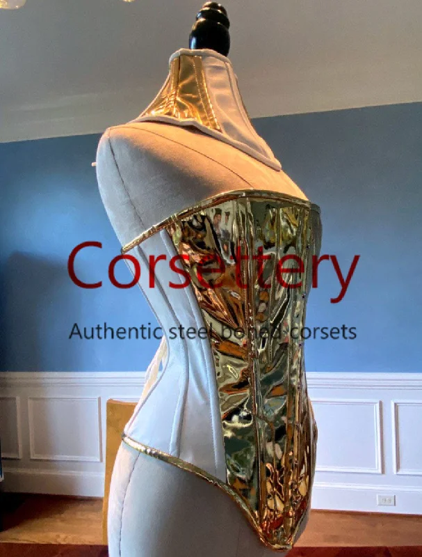 Price Rollback Steel-boned leather and PVC corset, double steel bones, blue and silver corset, white and gold corset Price Rollback Steel-boned leather and PVC corset, double steel bones, blue and silver corset, white and gold corset