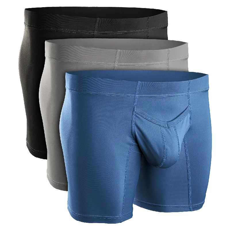 Unwind with Weekend Discounts Nylon 7in Boxer Briefs V-Fly 3pk Black/Dark Blue/Gray