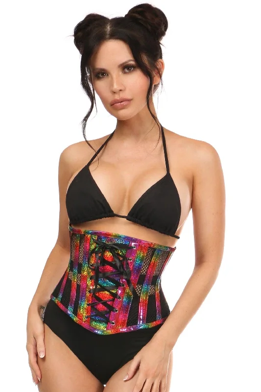 Markdown Madness Top Drawer Rainbow Glitter PVC Steel Boned Underbust Corset w/Lace-Up Front