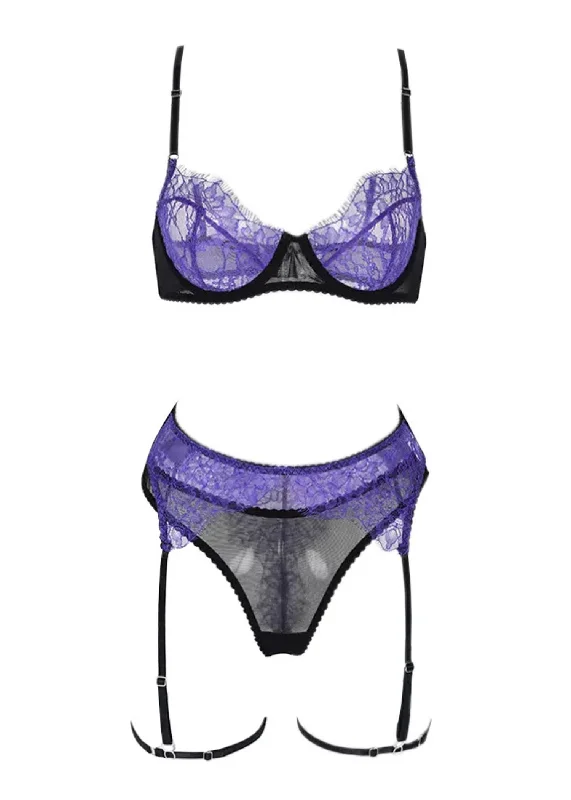 Shop and Save Gemma Bra, Thong and Suspender Set (Purple)