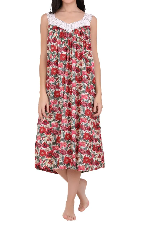 Arabella Carissa 100% Cotton Nightgown Sleeveless in Red Floral MD-410F4