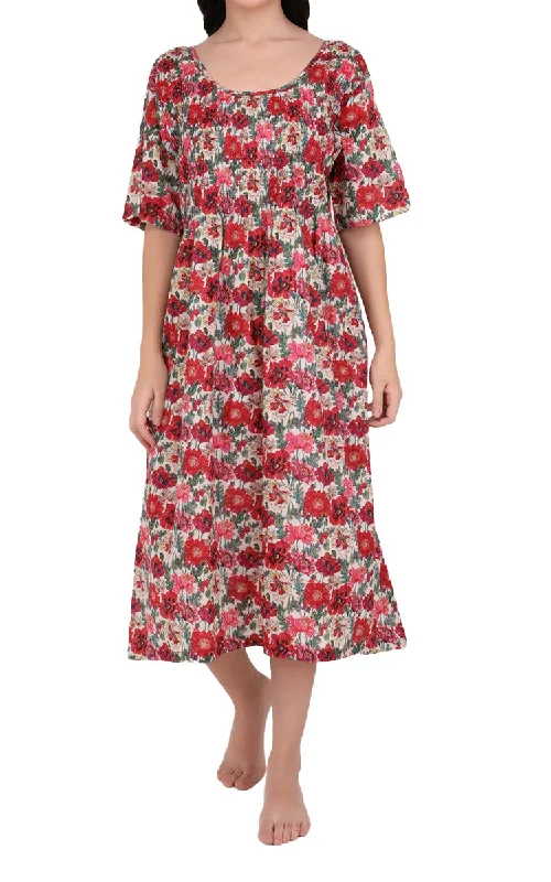 Arabella Angelina 100% Cotton Nightgown with Short Sleeve in Vibrant Red Floral MD-83F4