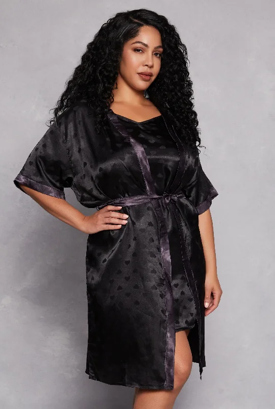 Plus Size Satin Heart Print Cami Nightgown with Robe