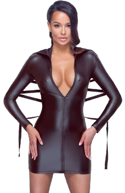 Epic Deals Black wet look dress with tie-back - On Point Bondage