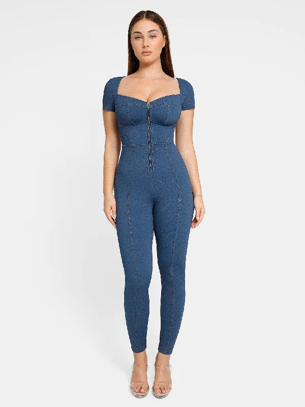 Weekend Deals That Excite Shapewear Denim Short Sleeve Zip Front Butt Lift Jumpsuit