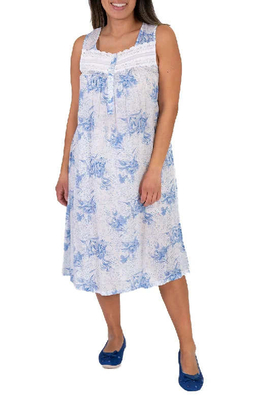 French Country 100% Cotton Nightgown Sleeveless in White and Blue Floral FCB243V