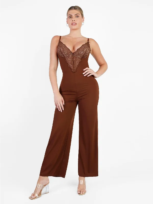 Price Cut Shapewear Lace Deep V-Neck Sculpting Wide Leg Jumpsuit