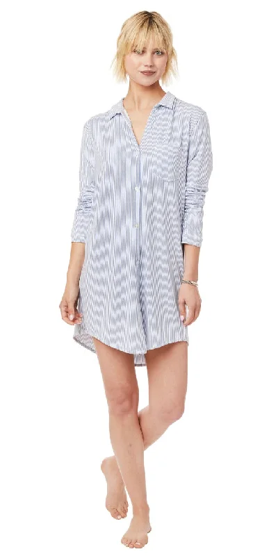 Long-Sleeve Cotton Knit Night Shirt - Blue Simple Stripe