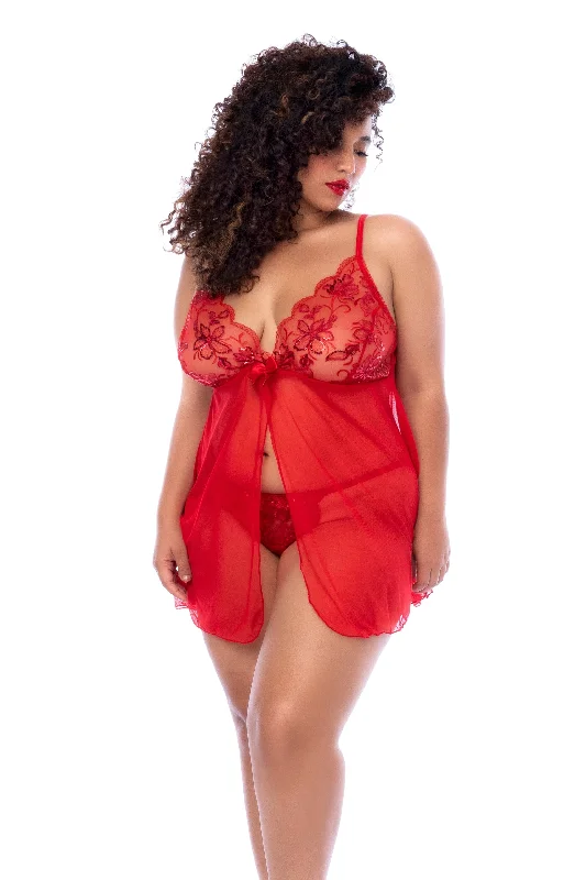 Best Seller Plus Size Sheer Red Sequin Silhouette Babydoll & Thong Panty Lingerie