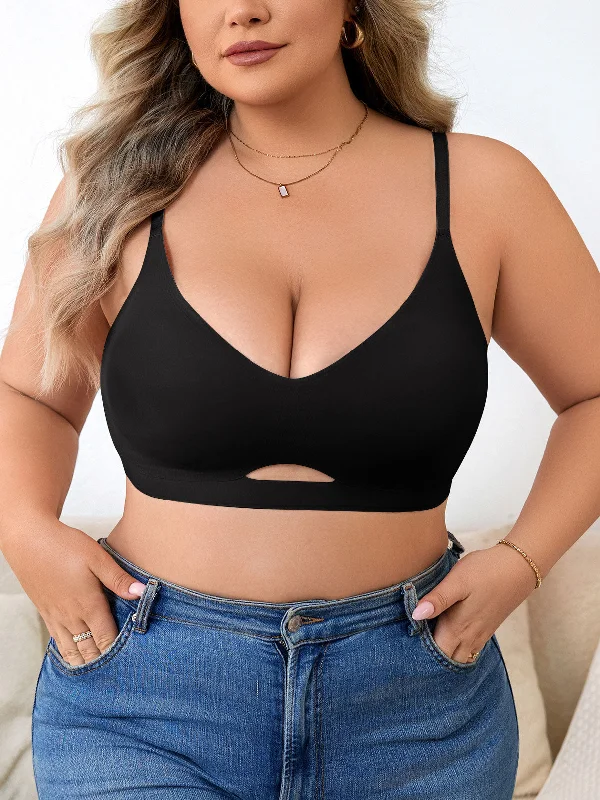 Fantastic Savings Plus Size Simple Seamless Hollow Out Wireless Bra Black