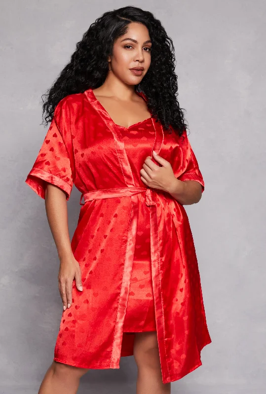 Plus Size Satin Heart Print Cami Nightgown with Robe