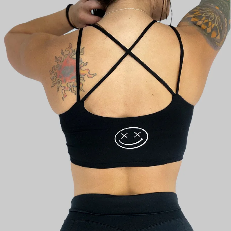 Big Savings Salty Savage Ladies “OG Smile” Cross Back Longline Sports Bra | Black