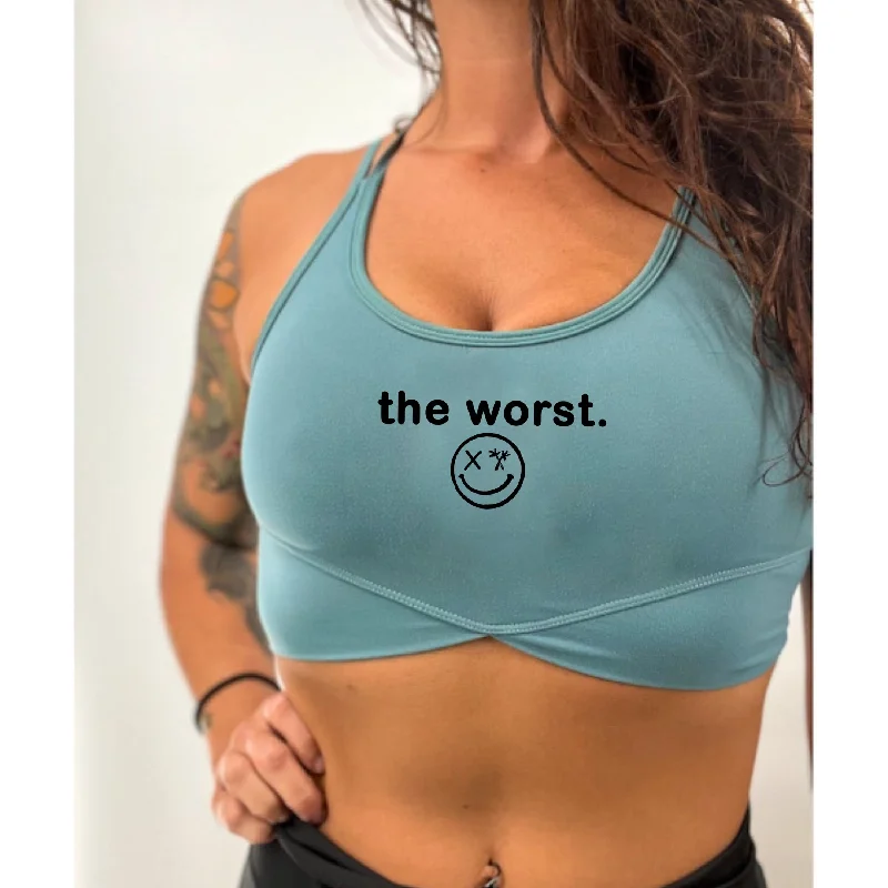 The Best Deal Salty Savage Ladies “the worst” V Cut Sports Bra | Powder Blue