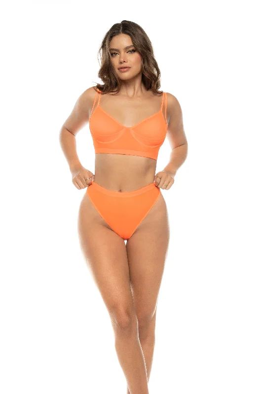 Online Exclusive Sexy Hot Orange Mesh Underwire Top & High Waisted Panty Lingerie