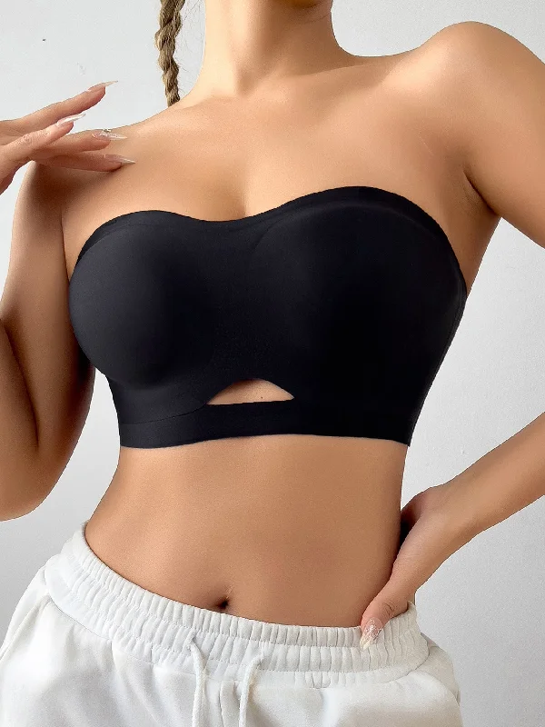 Low Cost Solid Color Seamless Cutout Sexy Strapless Push-Up Bra Black