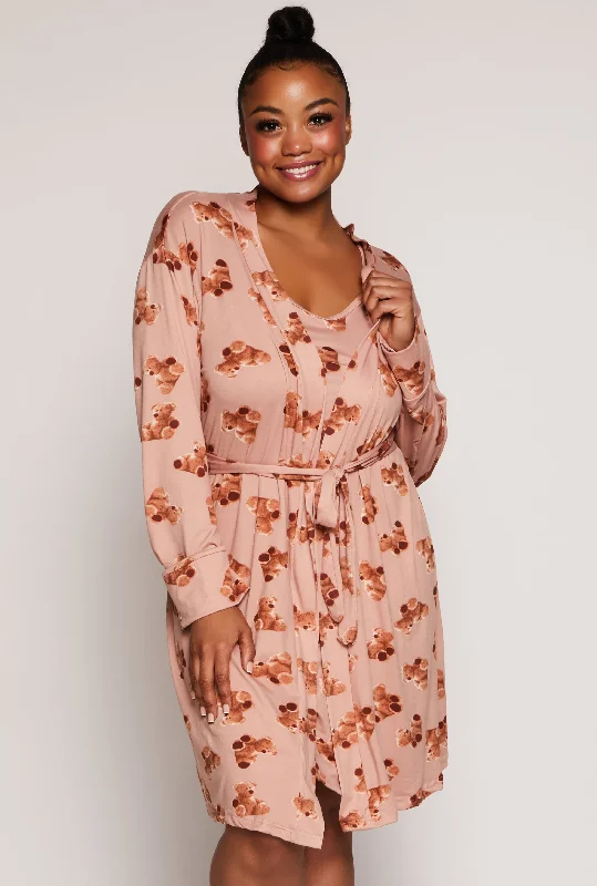 Plus Size Teddy Bear Print Cami Nightgown and Robe