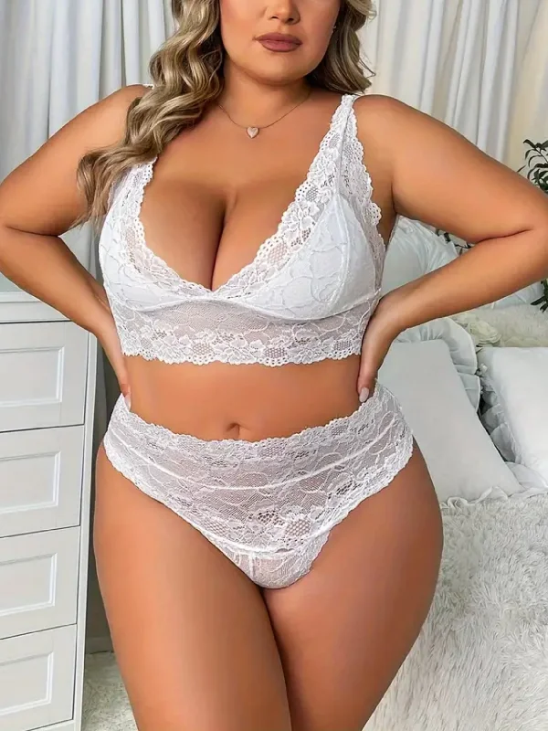 Bonus Offer Women's Floral Lace Sexy Scalloped Trim Wide Straps Bra & Panty 2 Piece Set Plus Size