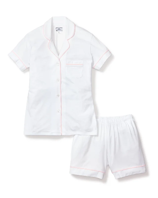 Women's Pima Pajama Short Set in White with Pink Piping