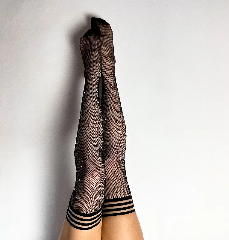 Angelica: Black Fishnet Rhinestone Thigh-Highs