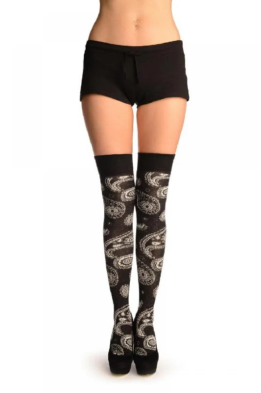 Black With Woven White Paisleys Over The Knee Socks