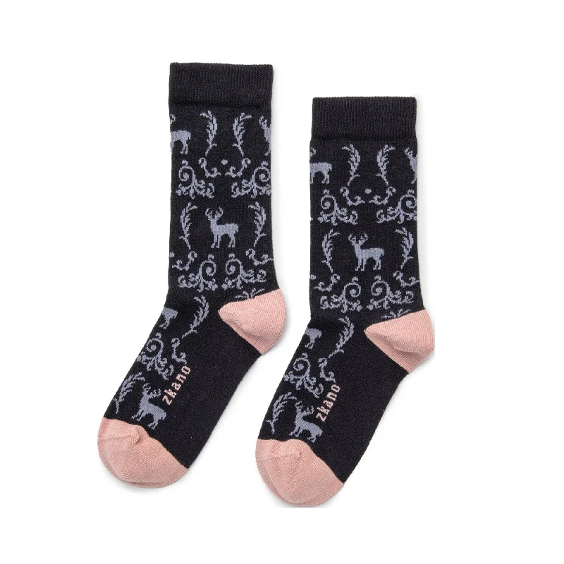 Deer Toile - Organic Cotton Crew Socks - Black