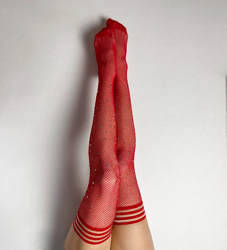 Joely: Red Fishnet Rhinestone Thigh-Highs