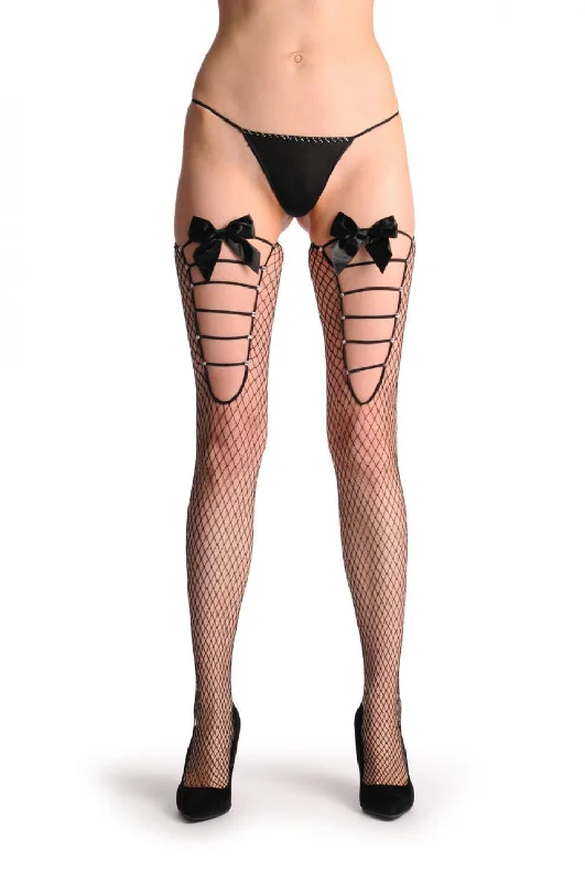 Large Mesh & Striped Panel Fishnet With Crystals & Black Bow